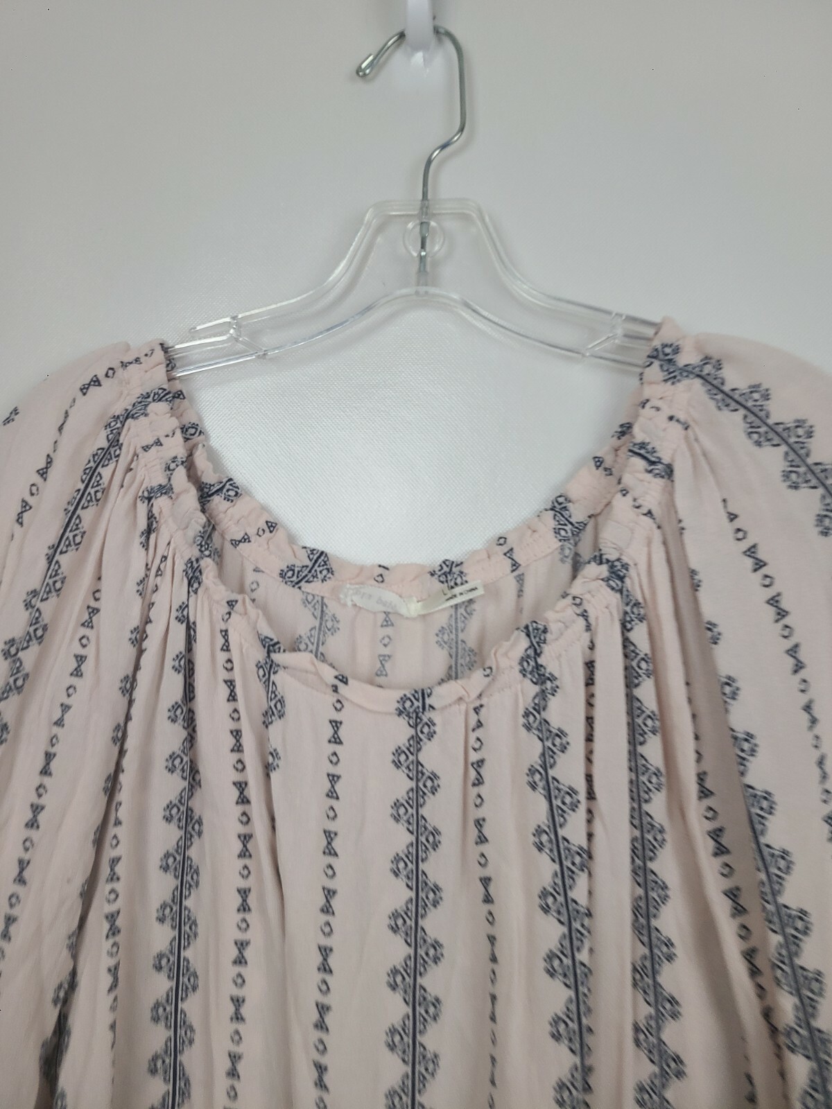 Blu Pepper BOHO Cottagecore Top Large Pale Pink Printed Crochet Bell Sleeve