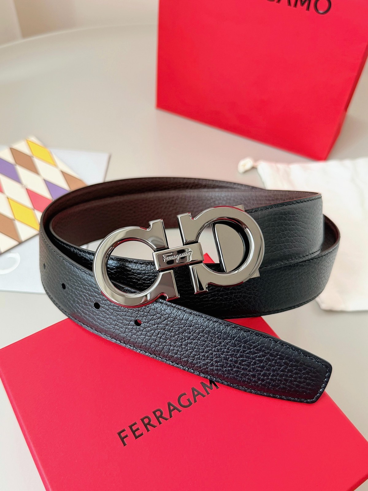 Salvatore Ferragamo Gancini Leather Belt 3.5cm Reversible Adjustable Luxury