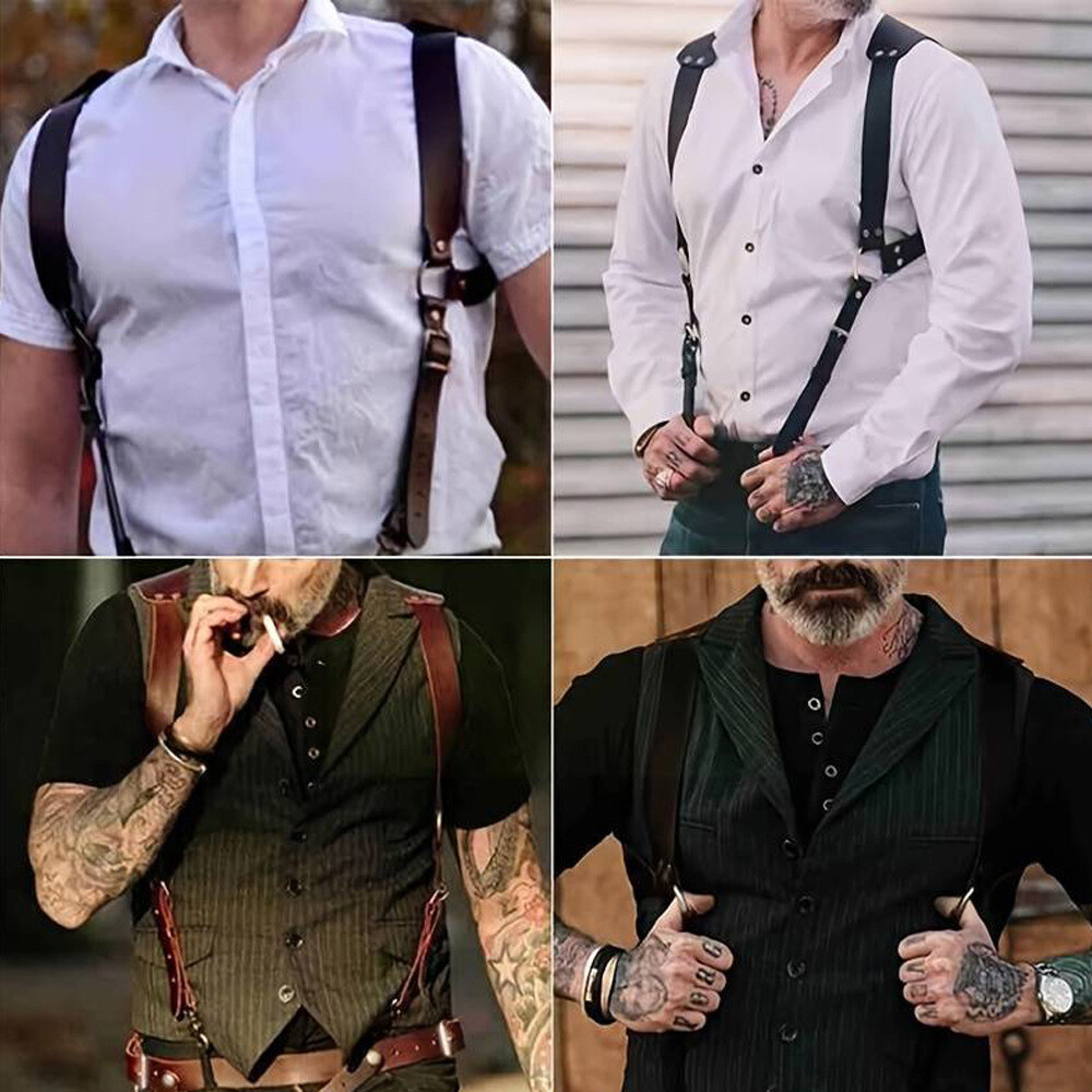 Vintage Leather Suspenders Braces Shoulder Strap Belt Harness For Men O6M3