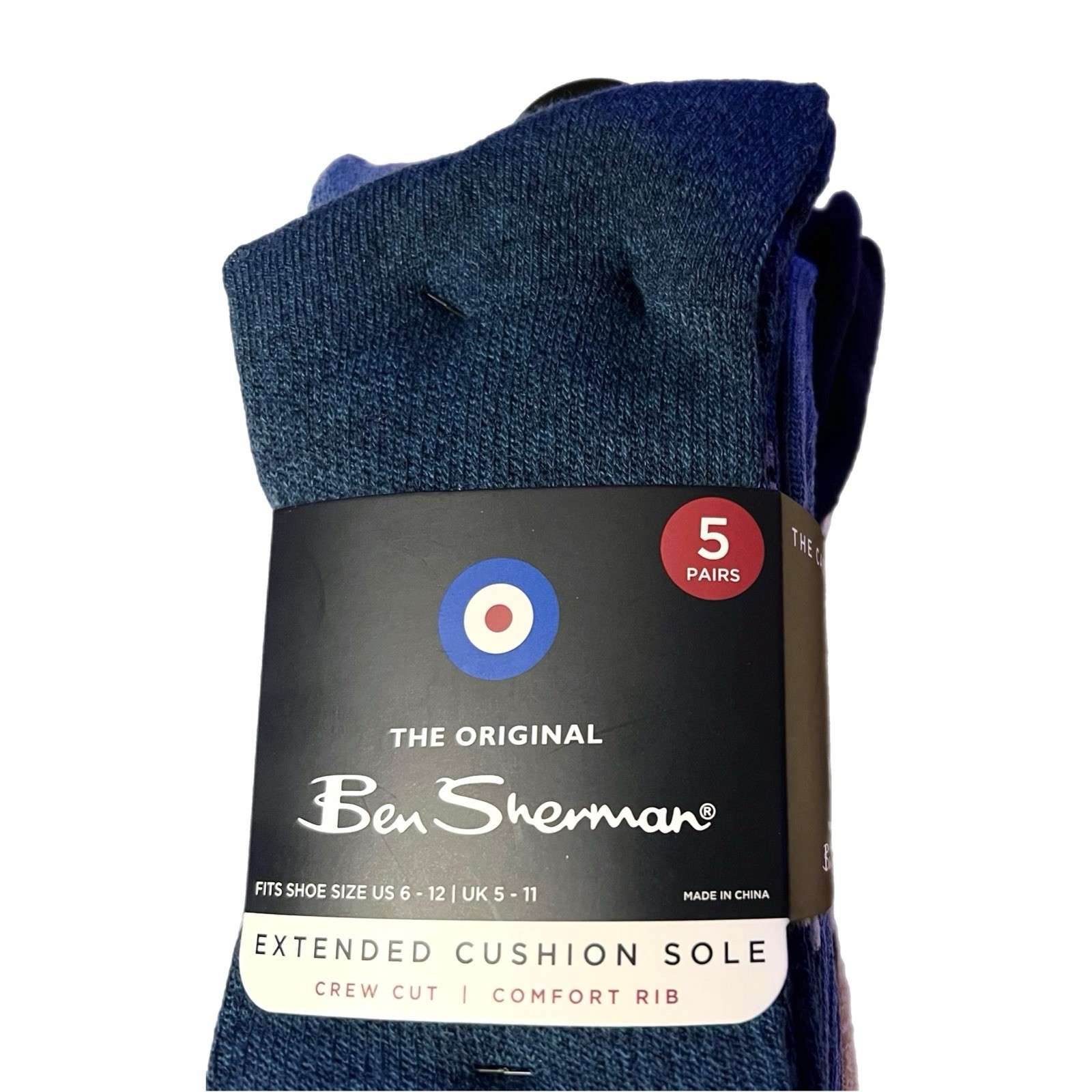 Ben Sherman Men’s 5 Pairs Blue & Tan Extended Cushion Crew Cut Size 6-12 New