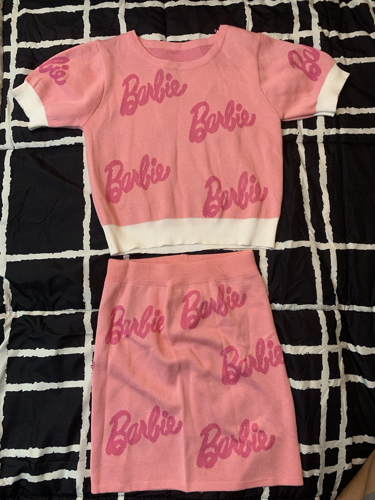 Barbie Pink Logo 2-Piece Set S Top & Skirt Crew Neck Short Sleeve Stretch