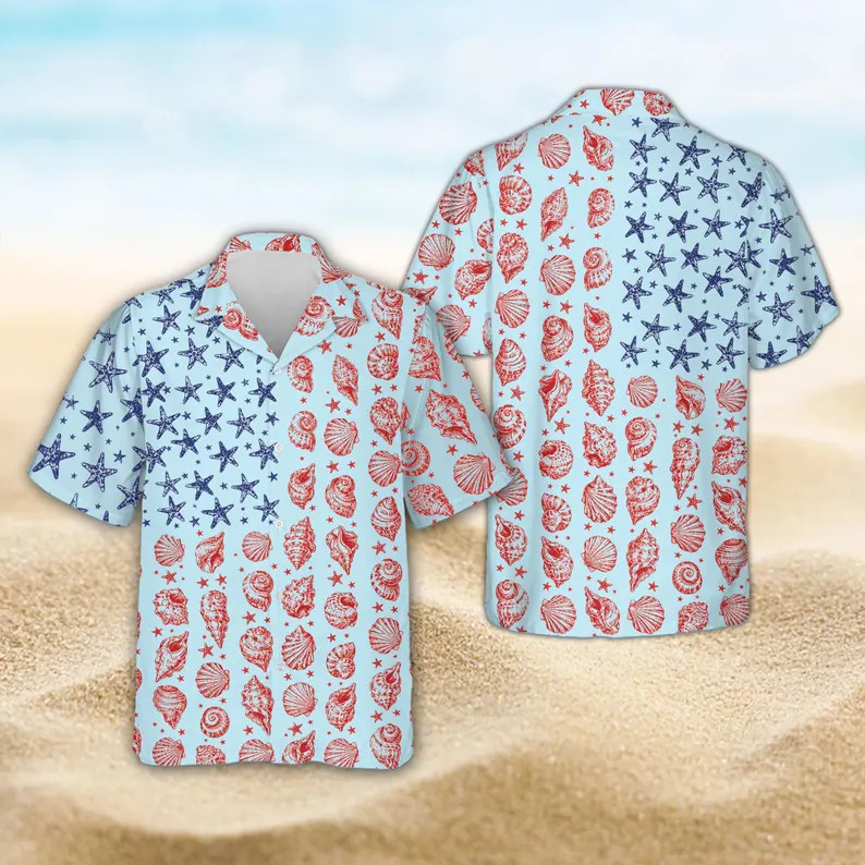 Patriotic American Flag Hawaiian Shirt, Starfish And Seashell USA Flag Aloha #5