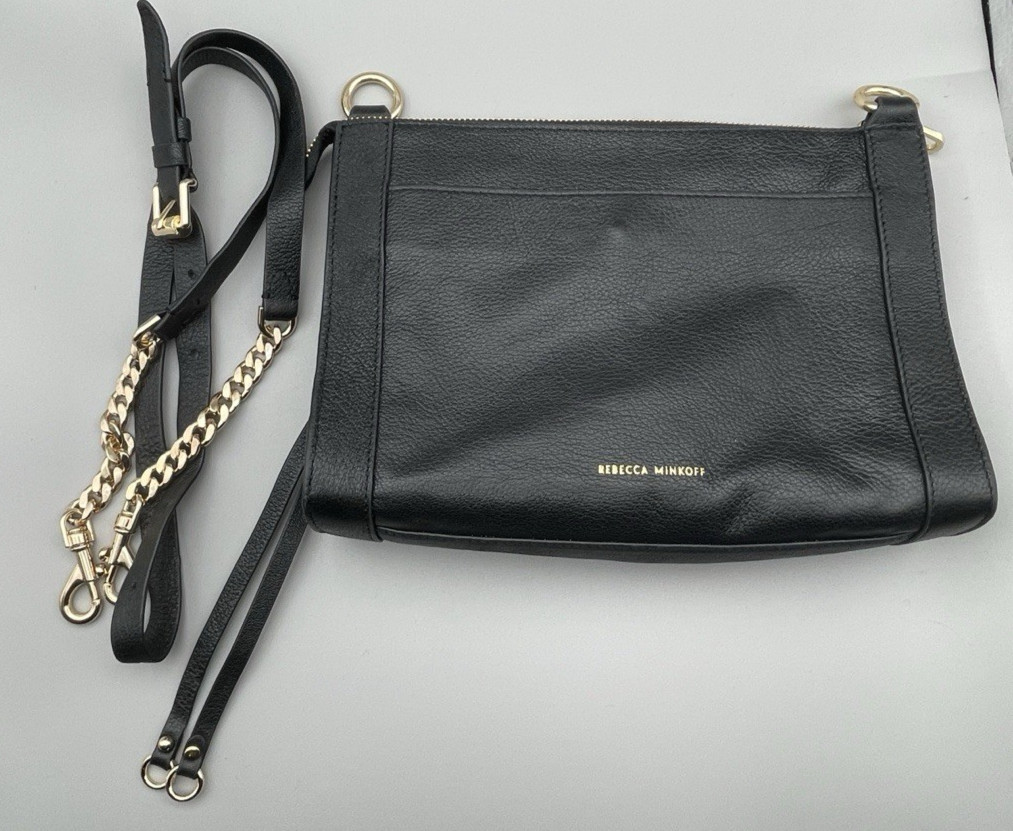 Rebecca Minkoff Women’s M.A.B. Crossbody Gold Studs Pebbled Black Leather Purse