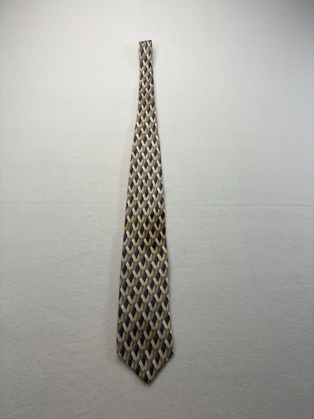 Vintage Bowen Brothers Clothiers Silk Geometric Necktie USA Handmade Beige Blue