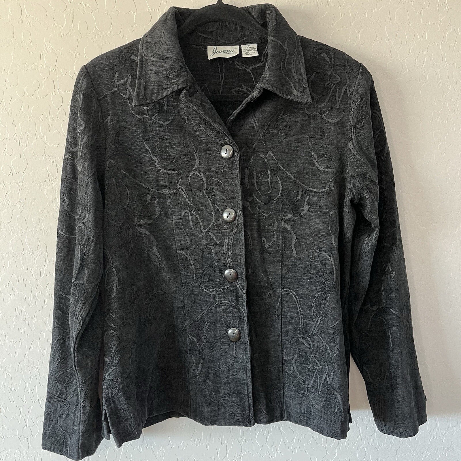 VTG Joanna Blouse Women’s Size Medium, Black Long Sleeve Button Up Shoulder Pads