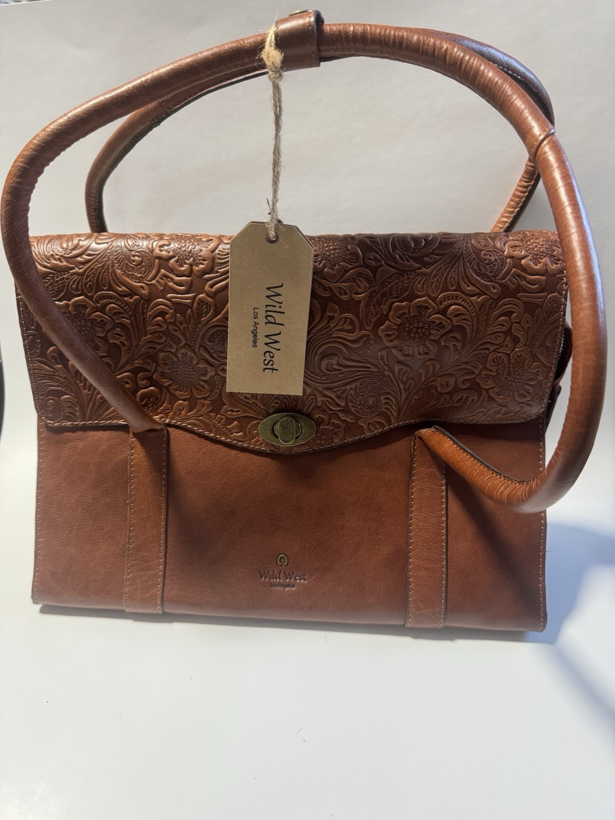 Wild West Los Angeles Floral Embossed Leather Purse Brown Tote NWT Plaid Lining
