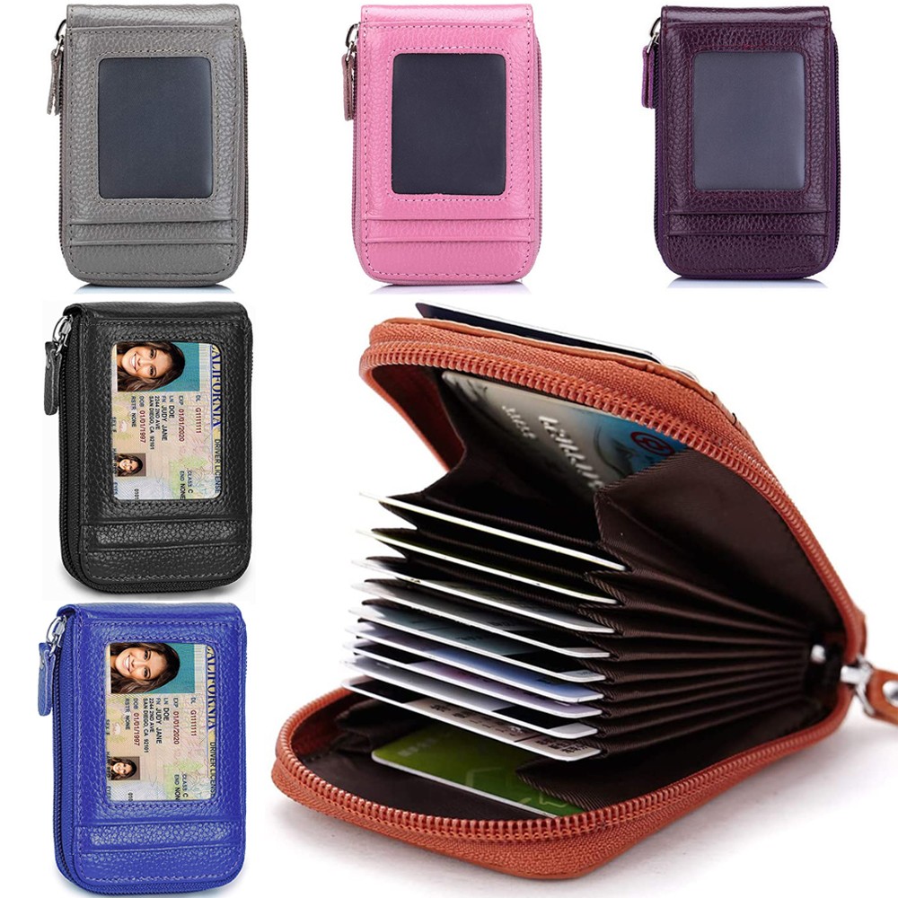 Men Leather Credit Card Holder RFID-Blocking Zipper Pocket Wallet with ID Window