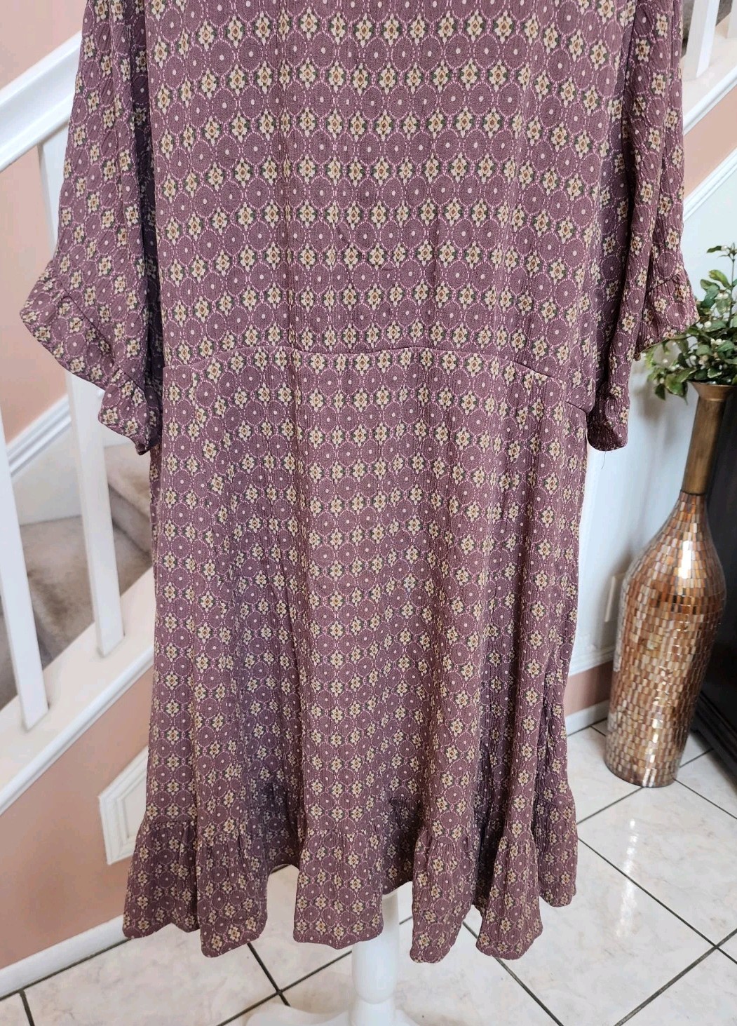 TORRID Mauve Print Crochet Trim Lace Up Short Sleeve Boho Dress Sz 3 3X 22-24