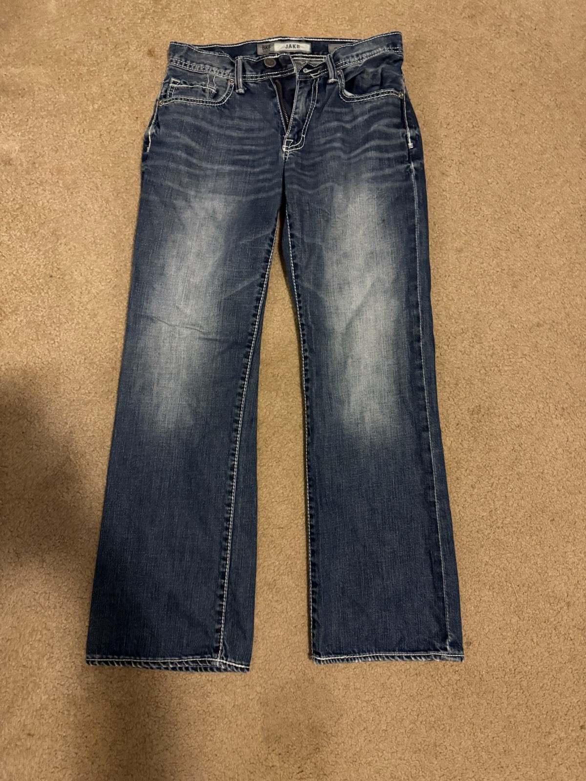 BKE Jake Bootleg Jeans Mens Size 28S (28×30) Thick Stitch Blue Denim The Buckle