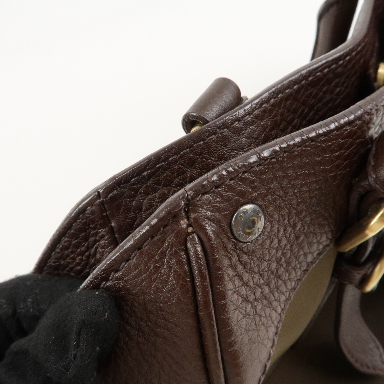 PRADA Logo Hand Bag Kahki Brown Nylon Leather BN1221 Auth Used