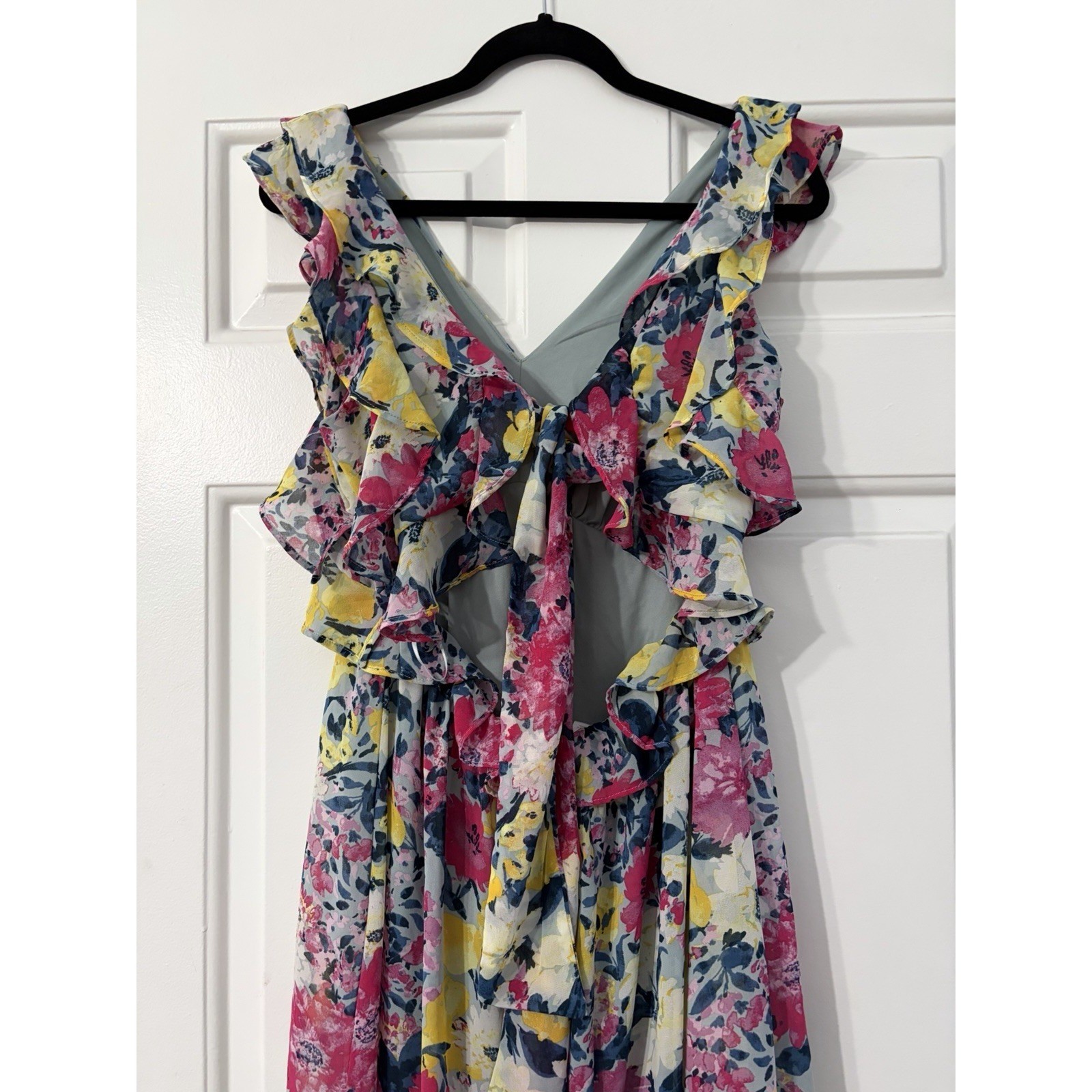 Lauren Conrad Midi Dress Large Romantic Watercolor Floral Ruffled Open Back