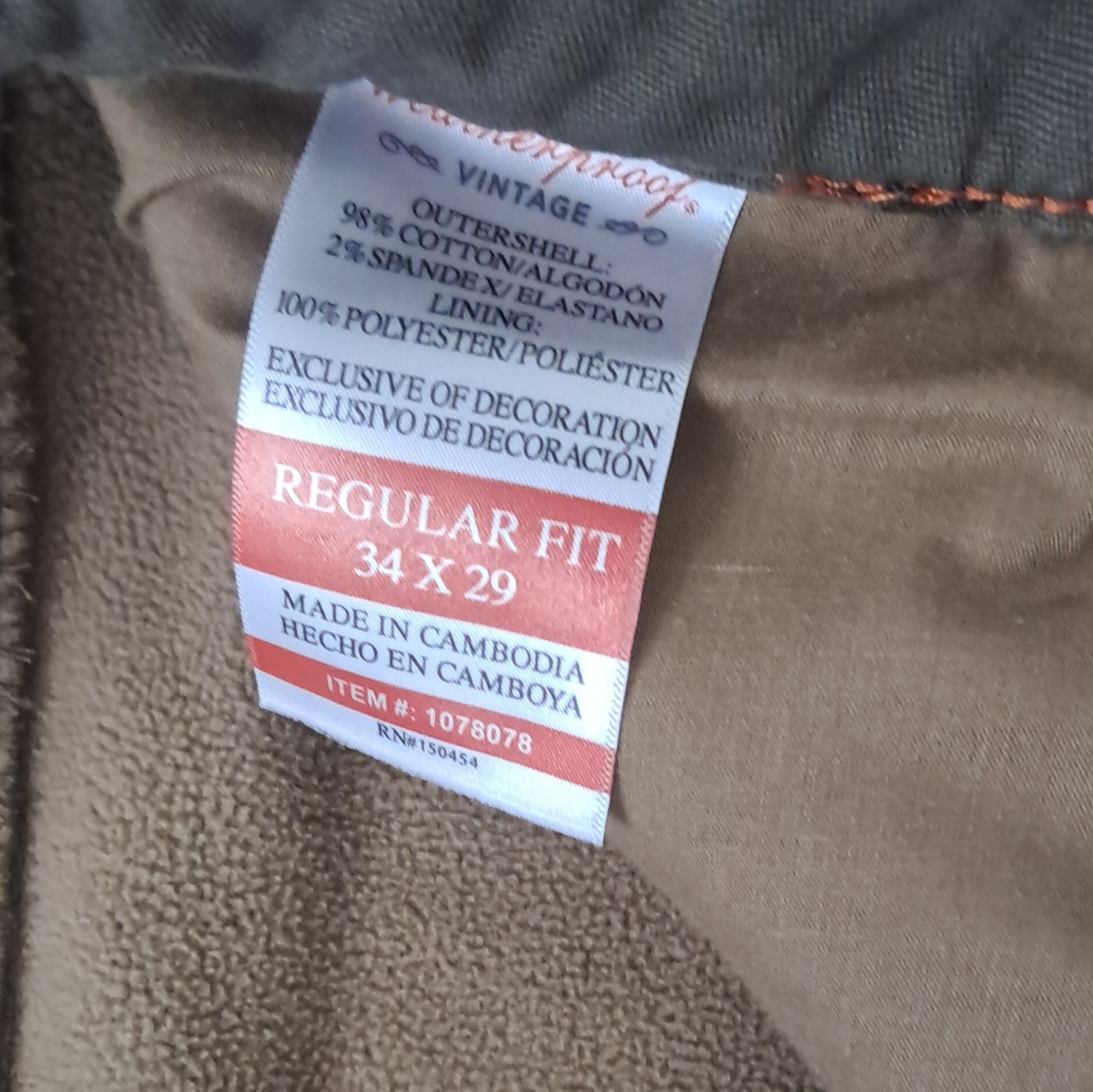 Weatherproof Men’s Olive Fleece-Lined Pants Regular Fit Straight Leg 34W