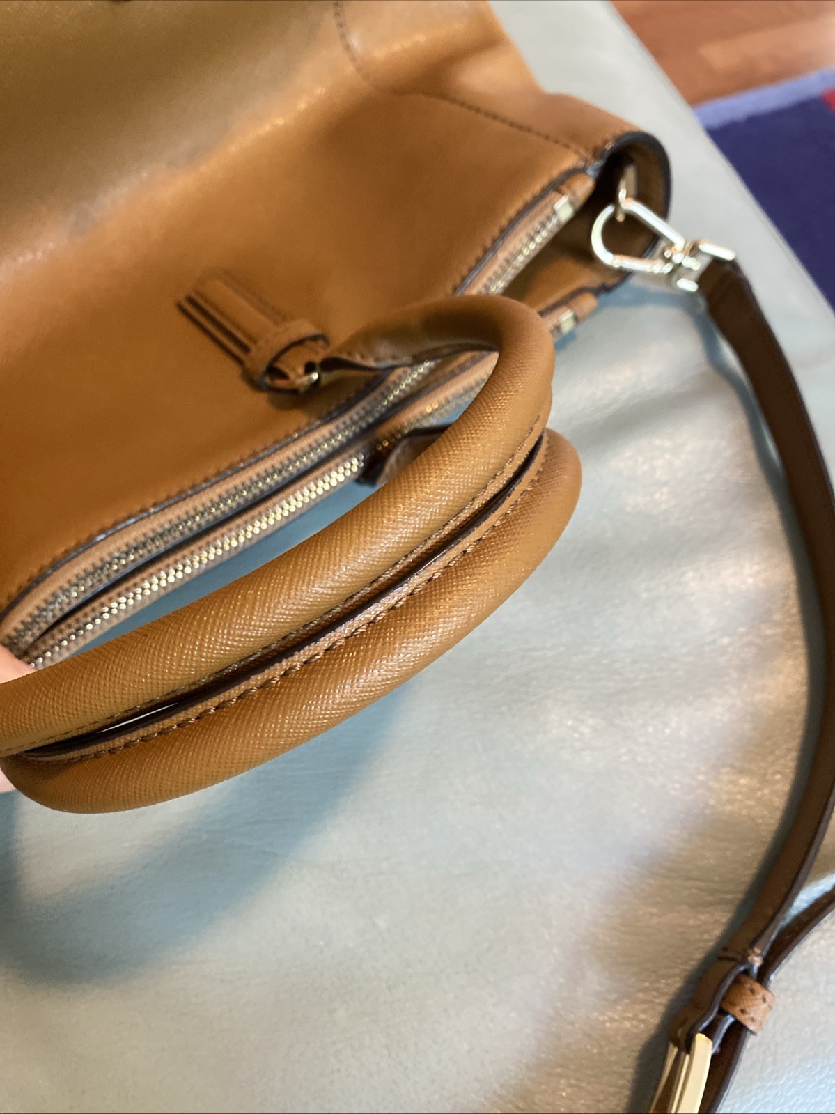 Tory Burch Robinson Tigers Eye Tan/Brown Saffiano Leather Handbag Satchel Nice