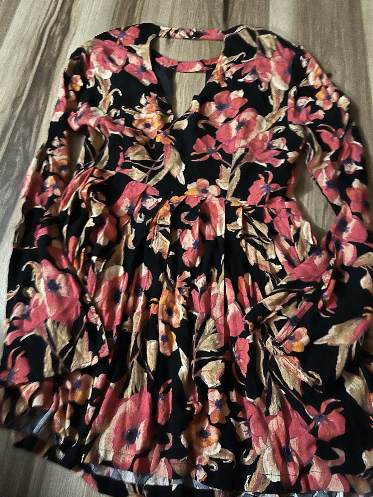 Free People Tegan Black Orange Floral Bell Long Sleeve Fit Flare Mini Dress Sz 8