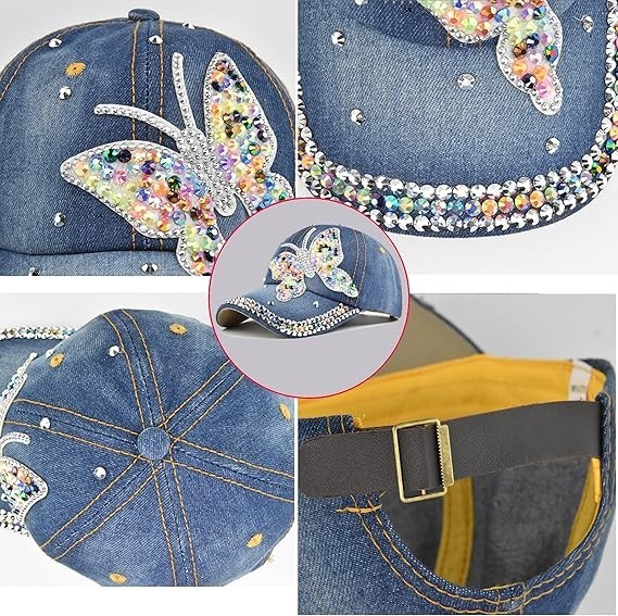 Bling Women’s Rhinestone Baseball Cap,Shiny Denim and Diamonds Sparkling mom hat
