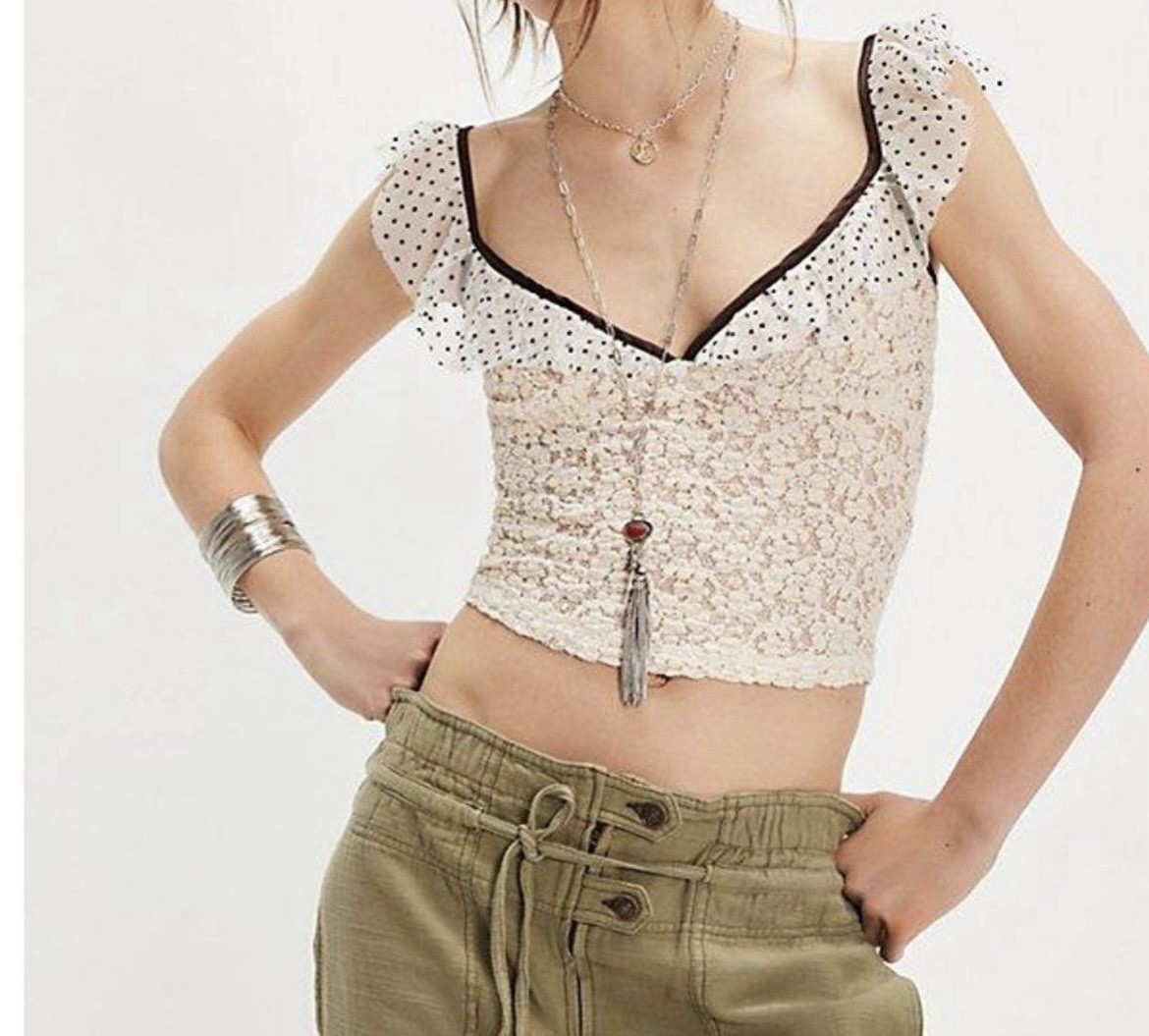 Free People Charlotte Floral Mesh Semi-Sheer Crop Ruffle Polka Dot Top Med NWOT