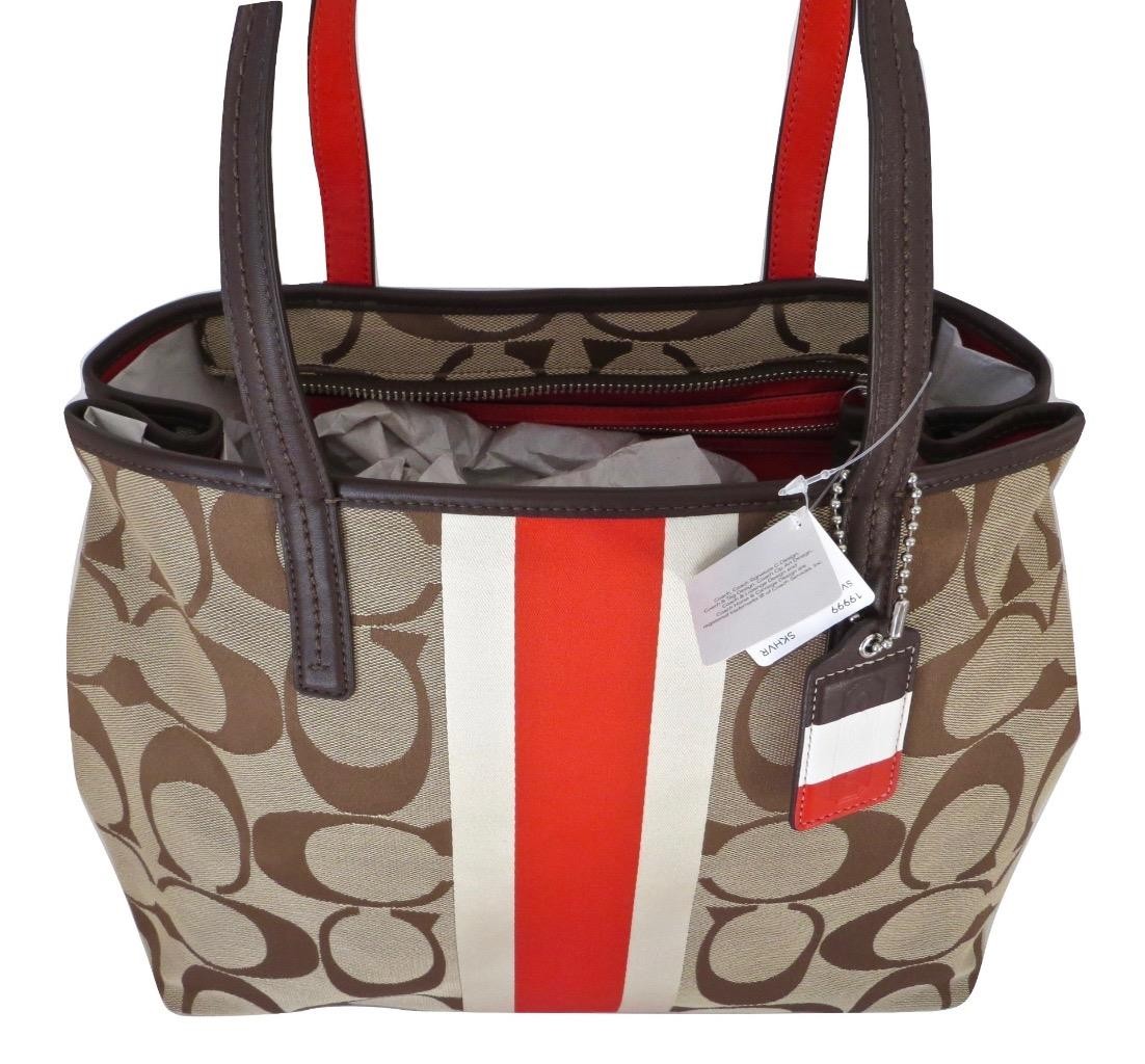 New NWT Coach Hamptons Khaki Vermillion Signature Stripe Tote Purse 19999 RARE