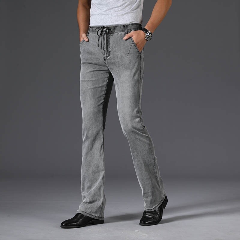 Men Bell Bottom Flared Denim Pants Jeans Soft Thin Trousers Drawstring Grey