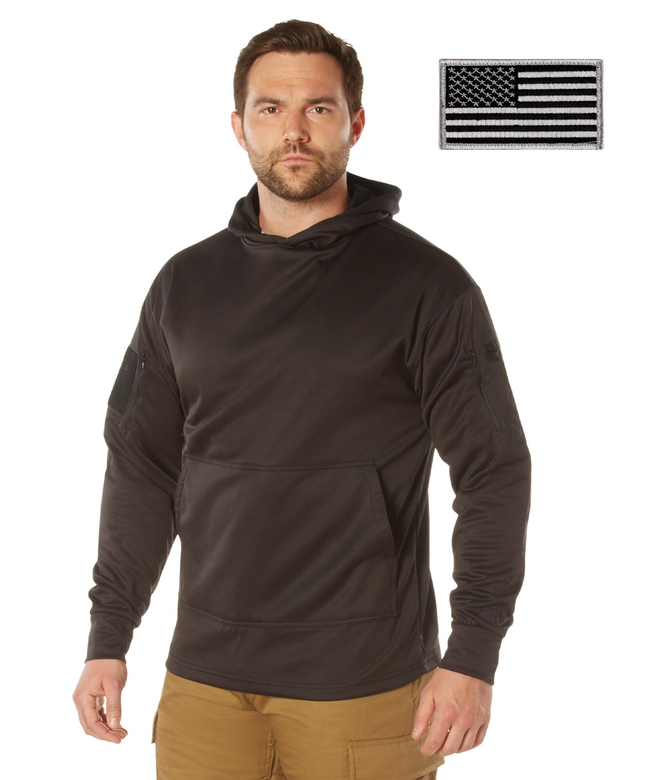Mens Black Concealed Carry Tactical Hooded Hoodie Sweatshirt & USA Flag Patch