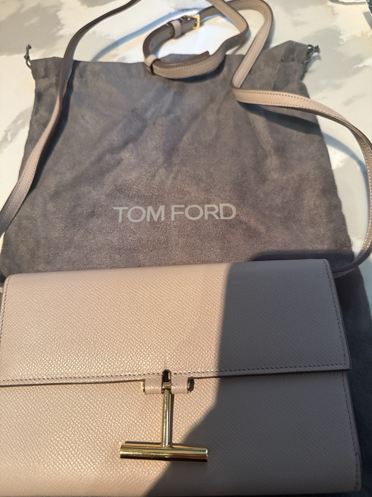 Tom Ford Beige Crossbody Bag T-Strap Logo Magnetic Zip Gold Hardware
