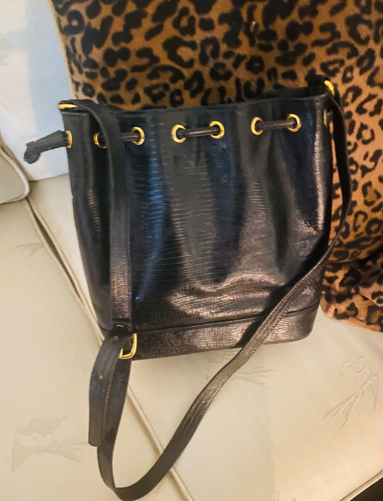 NWOT vintage black textured leather drawstring bucket bag