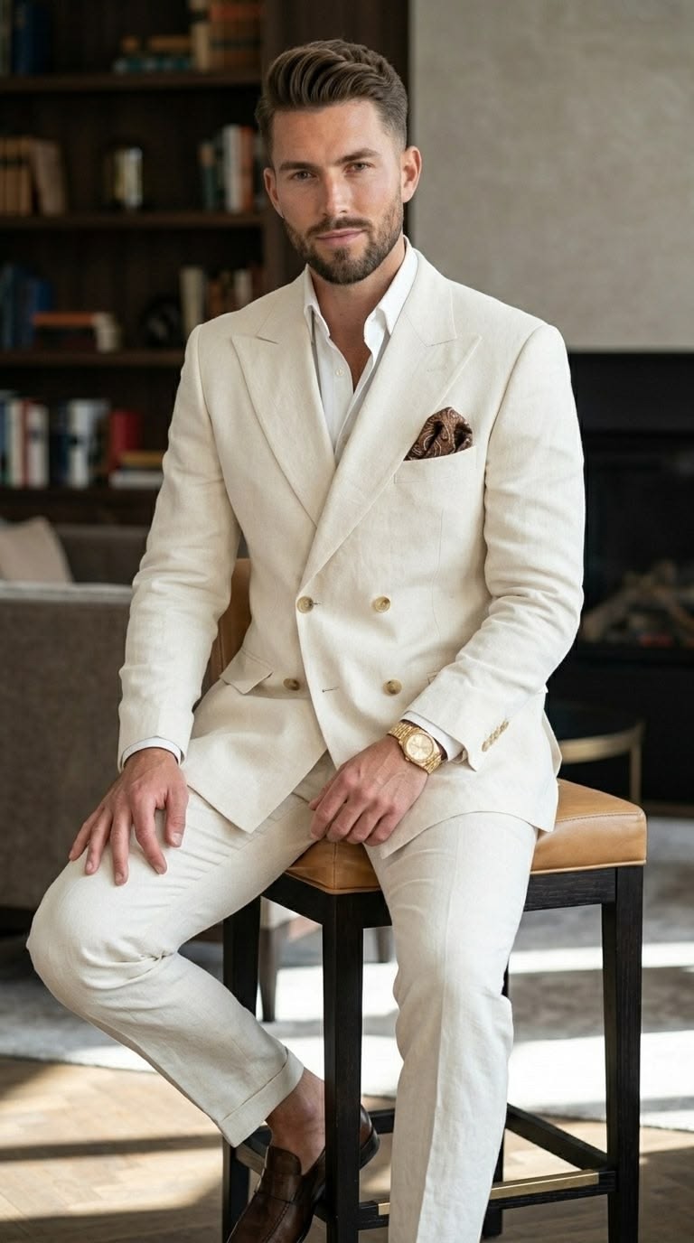 Linen Double Breasted Men’s Suits Beach Summer Coat Casual Business Jackets