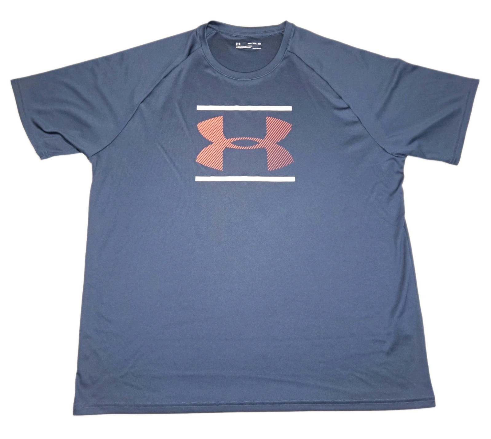 Under Armour Tech Mens Shirt 3XL Blue Orange Big Logo Tee Short Sleeve HeatGear