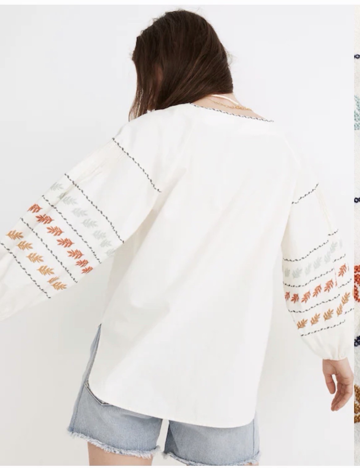 Madewell Ivory Multicolor Embroidered Peasant Blouse V-Neck Balloon 3/4 XS