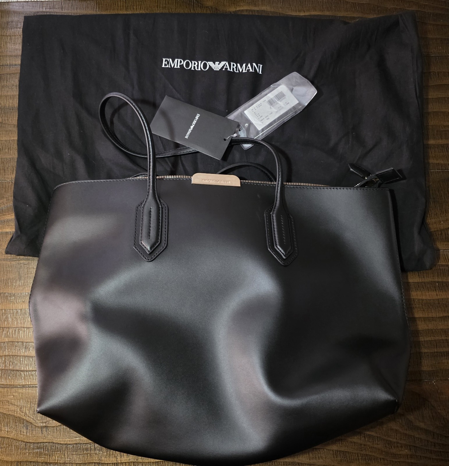 Emporio Armani Black Large Tote Bag, Zip, Gold Hardware, Dust Bag, Card