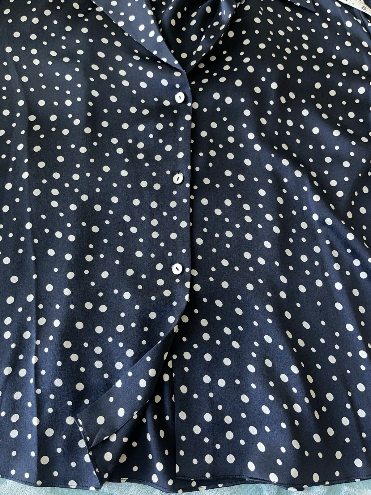 VINCE Camp Collar 100% Silk Deep Marine/Navy Blue Polka Dot Blouse 2X