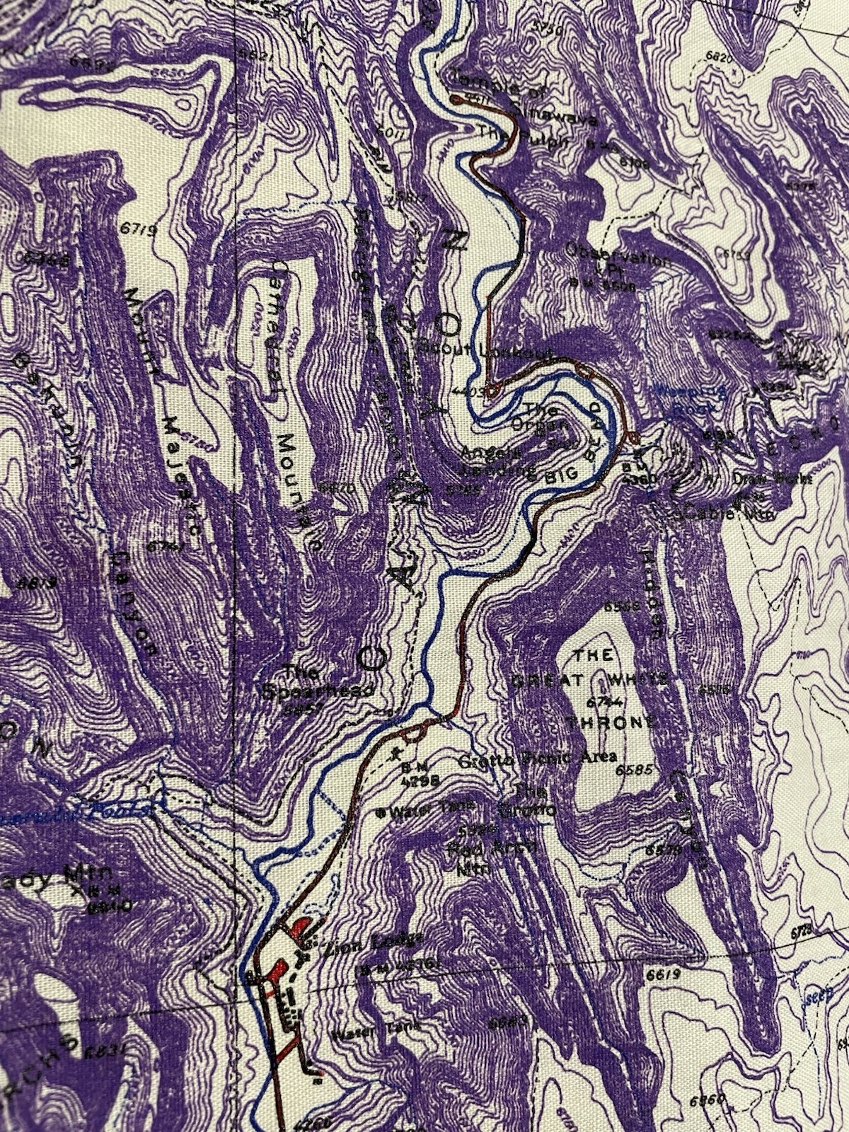 VINTAGE BandanaMap Zion National Park 21″ x 22″ Topographical Map Purple & Beige