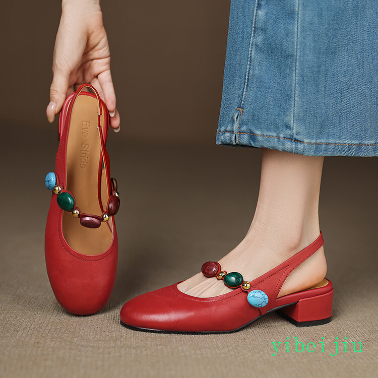 Women’s Low Heel Slingback Real Leather Sandals Stone Comfort Casual Shoes Boho