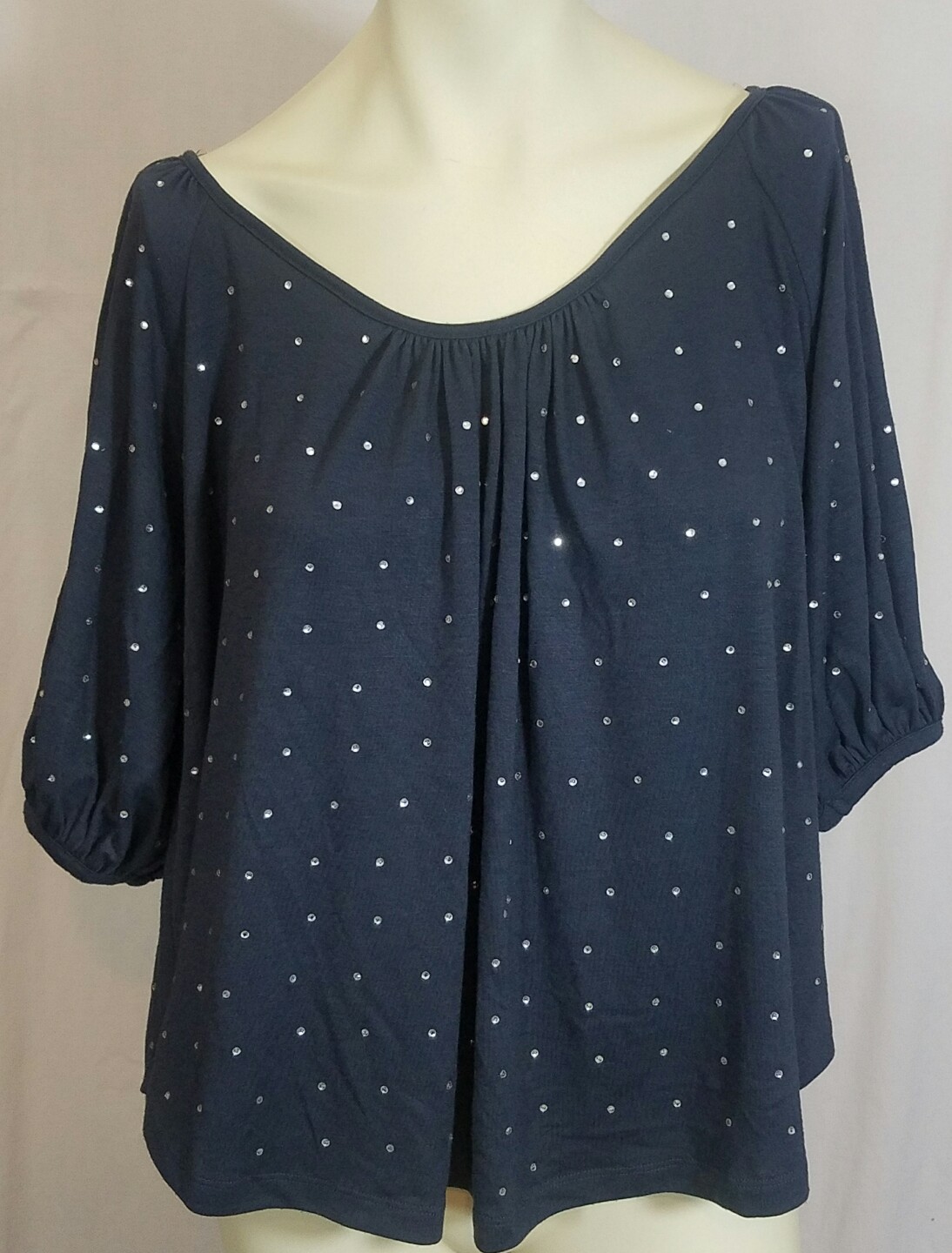 Willow & Clay Women’s Top Blouse Size XS Boho Peasant Navy Blue Jeweled Stretch
