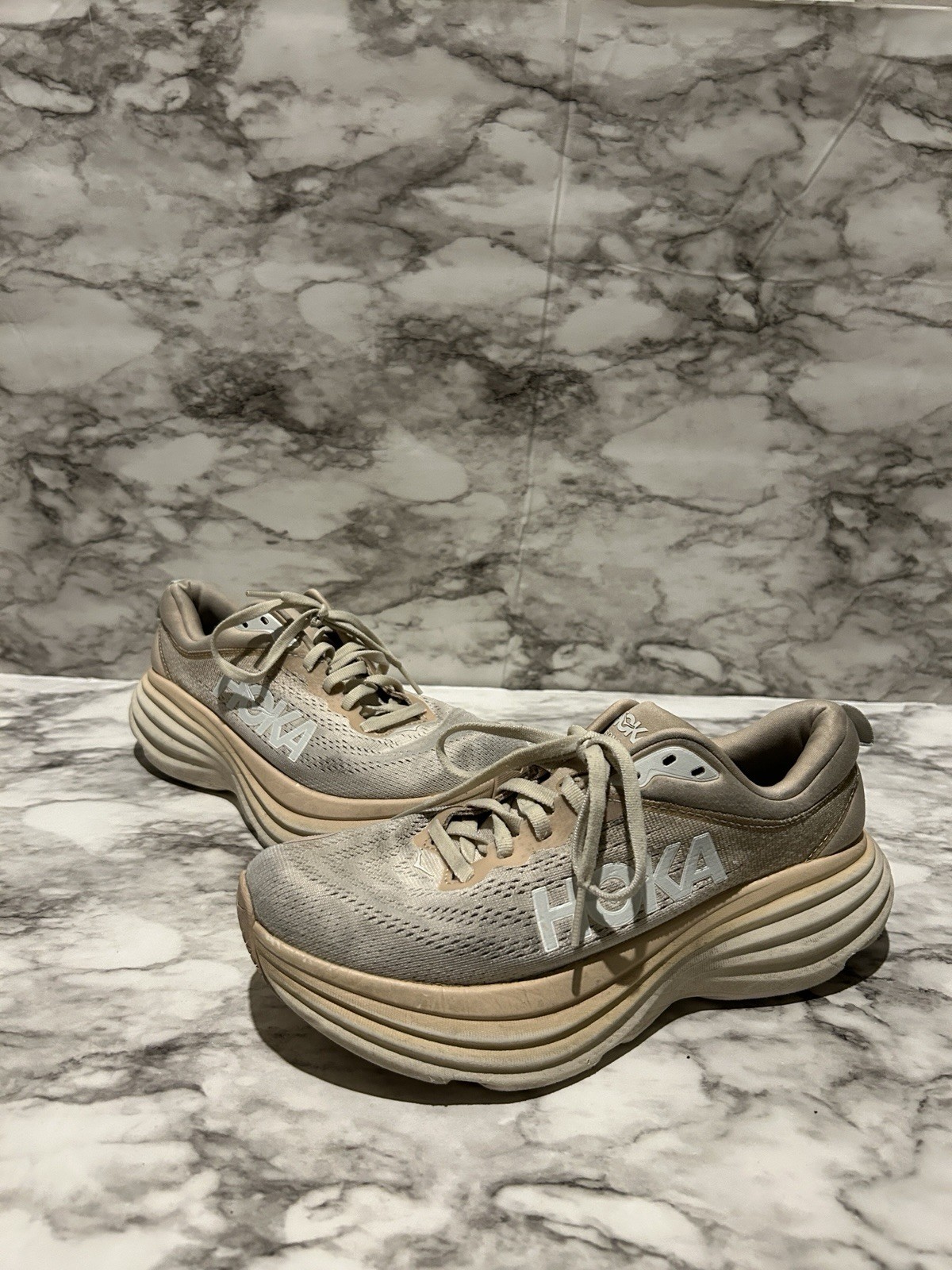 Hoka Bondi 8 Shoes Womens 7 B Off White Shifting Sand Running Walking Gym