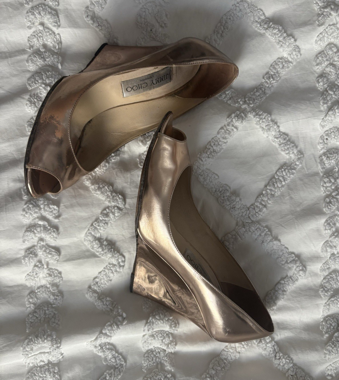 Jimmy Choo Womens 6.5 Gold Metallic Patent Leather Peep Toe Wedge Pumps