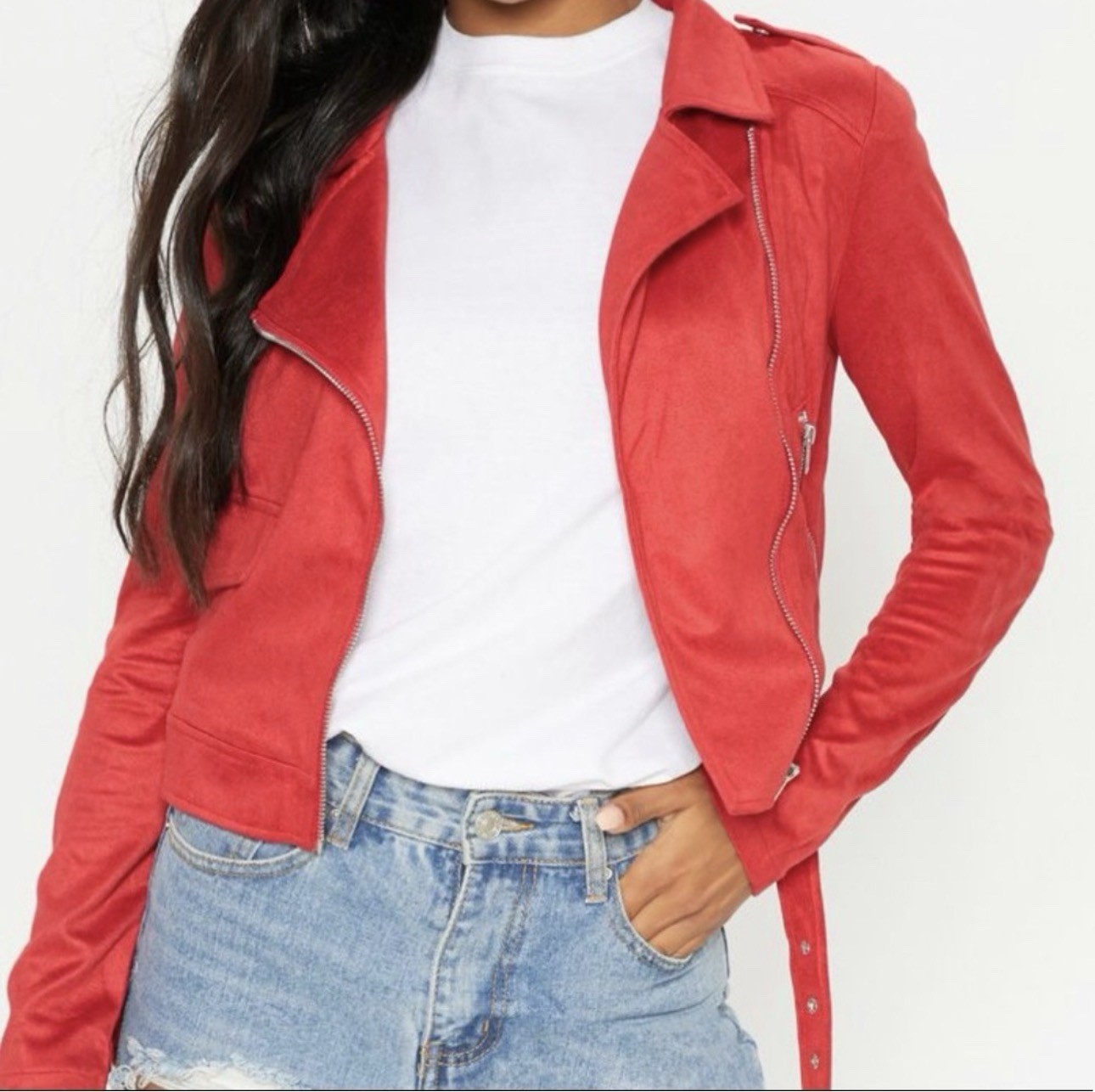 PrettyLittleThing Red Biker Jacket Belted Zip Buckle Women’s Size 12