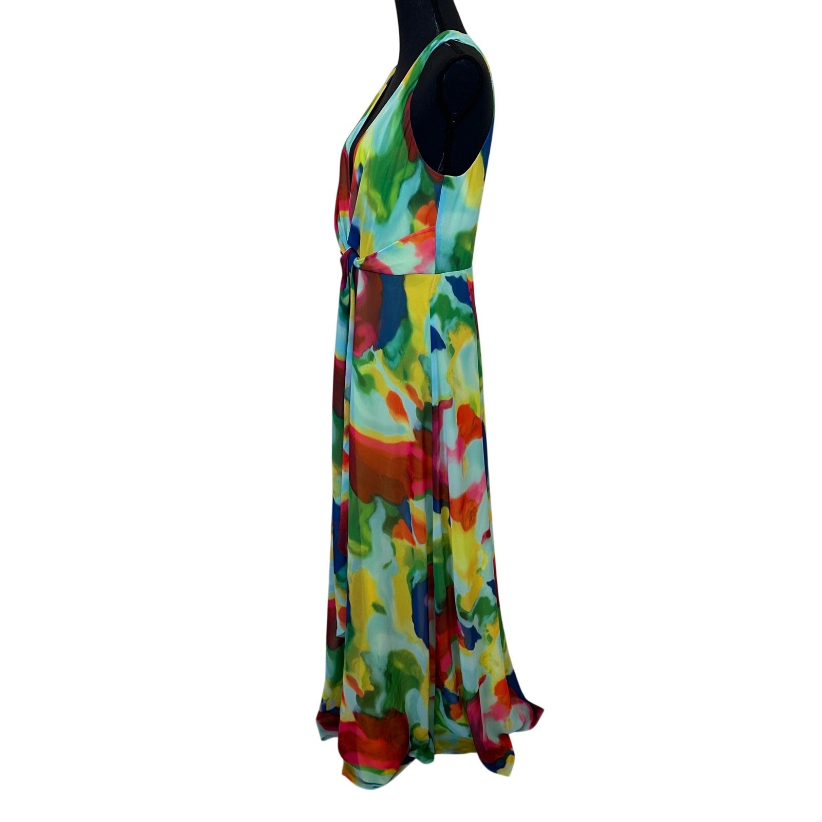 Ralph Lauren Rainbow Watercolor Chiffon Gown SIZE 14 Plunging Maxi Designer $265