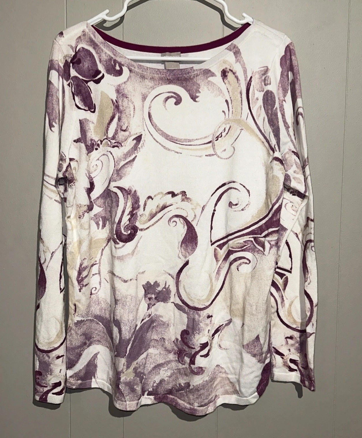 Chicos White Pink Swirl Sweater Tee Shirt Women’s LS SZ 1 (8/110) M Top Bin B7