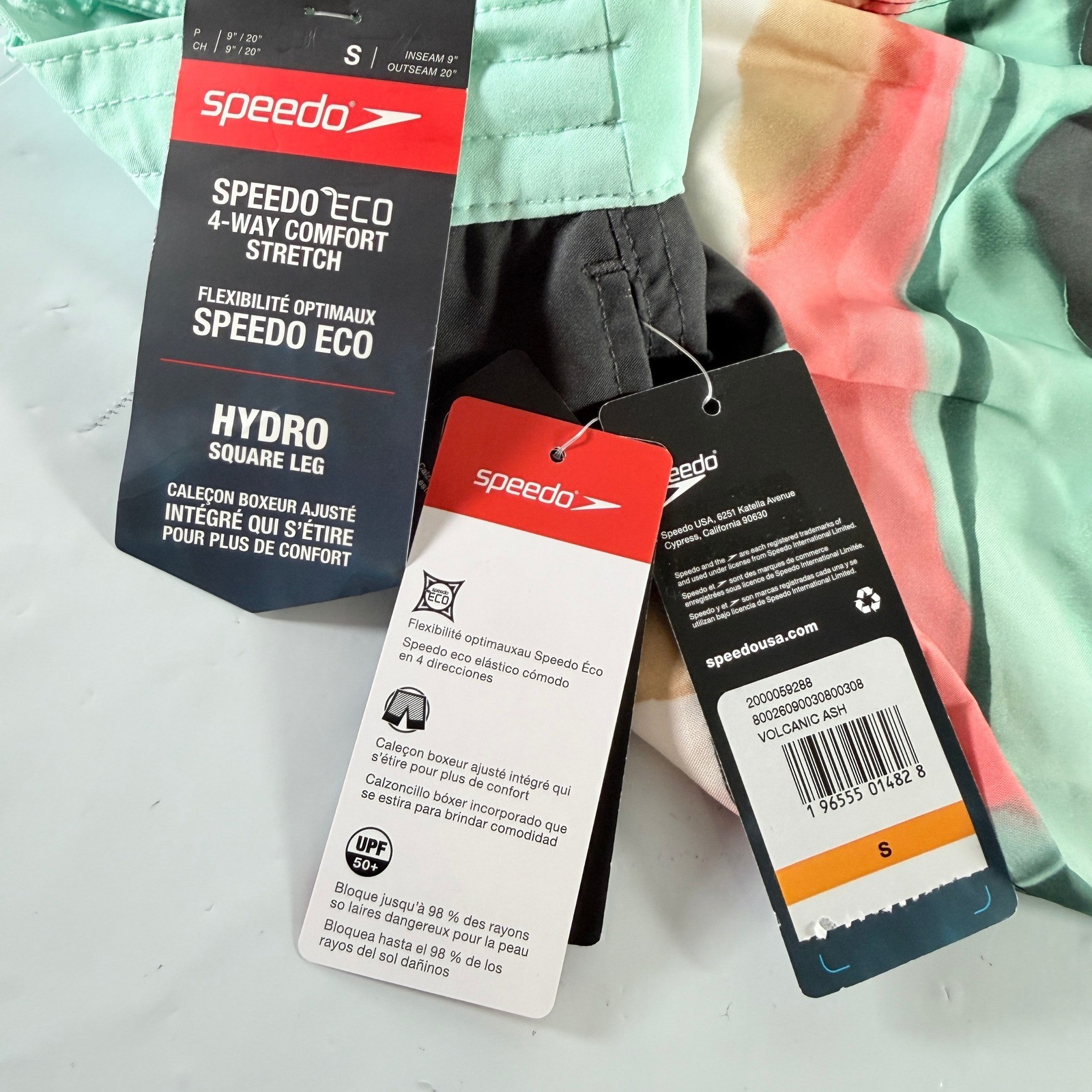 Speedo Eco Hydro Square Leg Swim Board Shorts Volcanic Ash Striped Small NWT