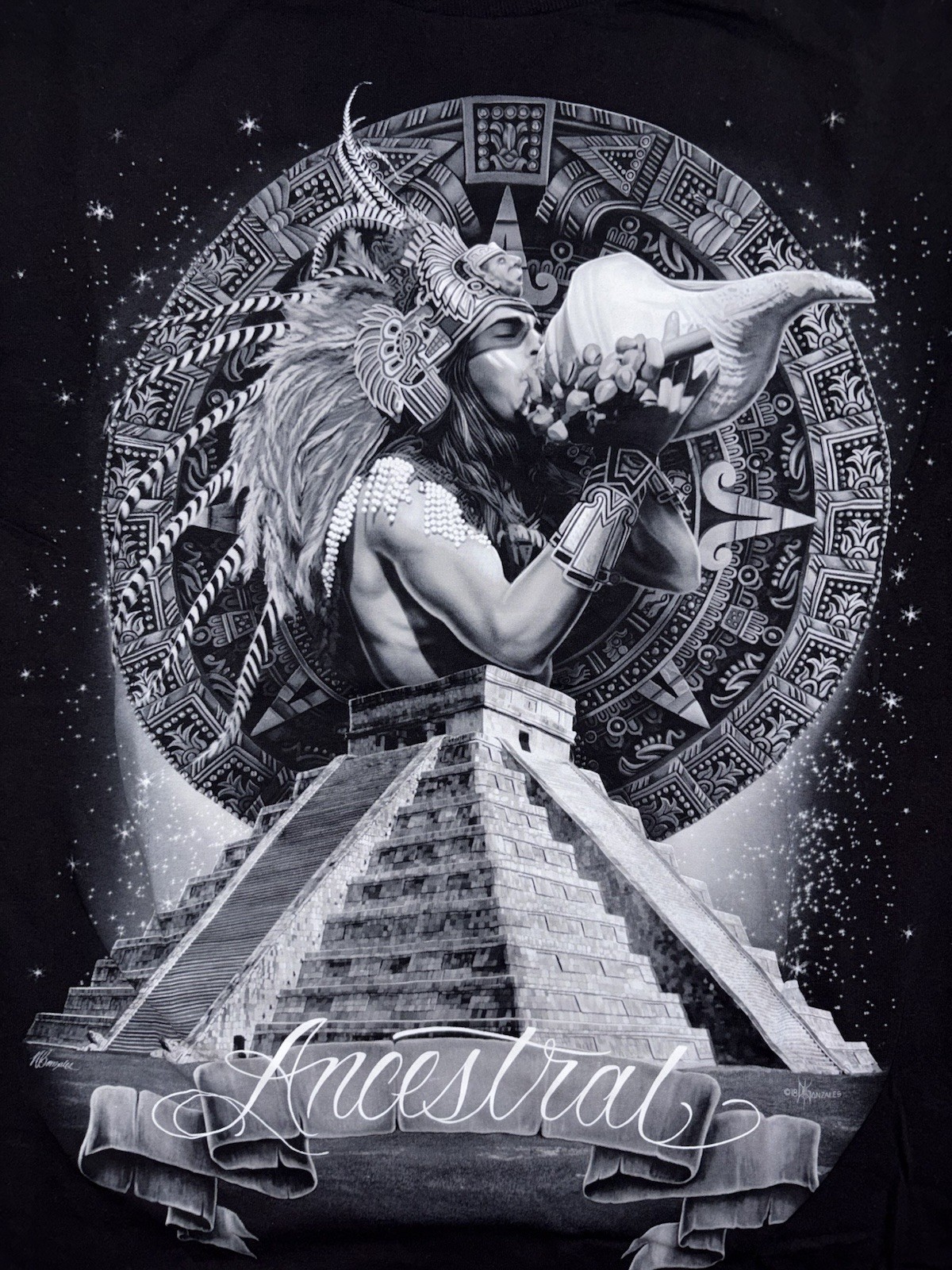 David Gonzales Ancestral Aztec Warrior Mayan Calendar T-Shirt Men’s Size (L)
