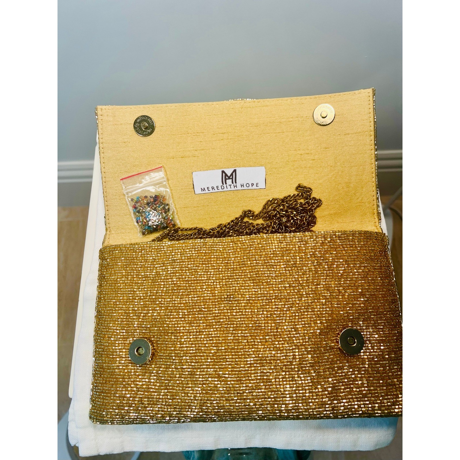 Meredith Hope Gold Beaded Rainbow Clutch Evening Bag With Chain Strap