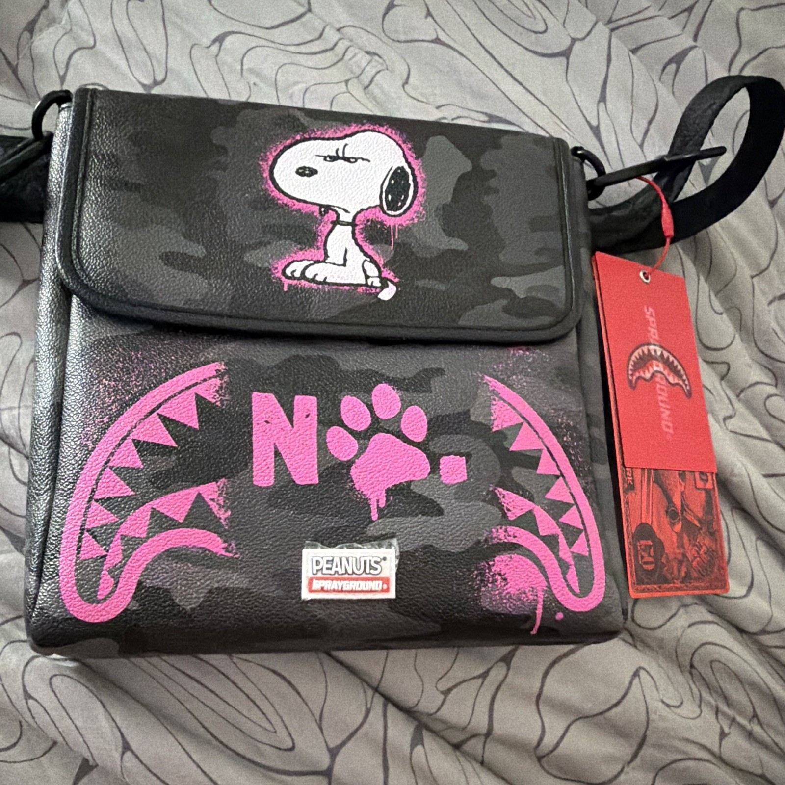 Sprayground Peanuts Snoopy Pink/Gray Camo Crossbody Bag Adjustable Strap