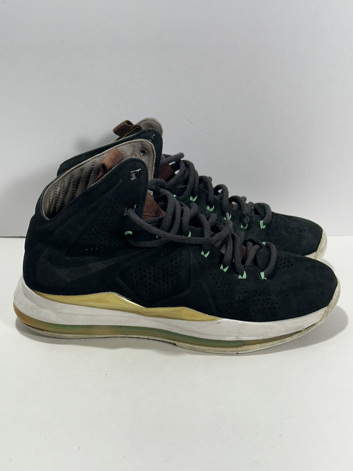 Nike LEBRON X 10 EXT QS BLACK SUEDE GREEN WHITE 607078-001 Sz 10.5 READ Descript