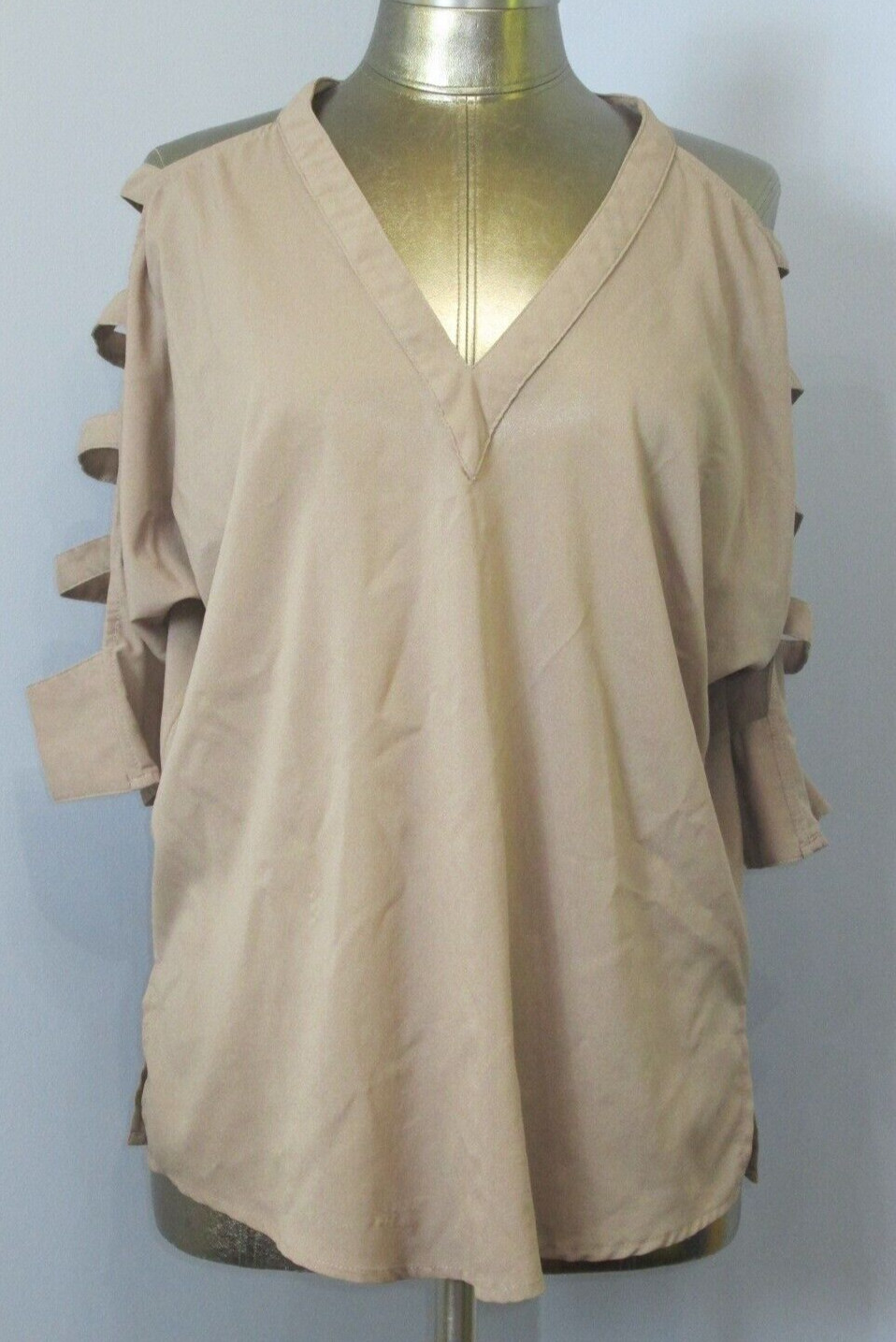 Umgee Brown V-Neck Top Womens Size S Chest 47 Cold Shoulder Sleeve 321-29157
