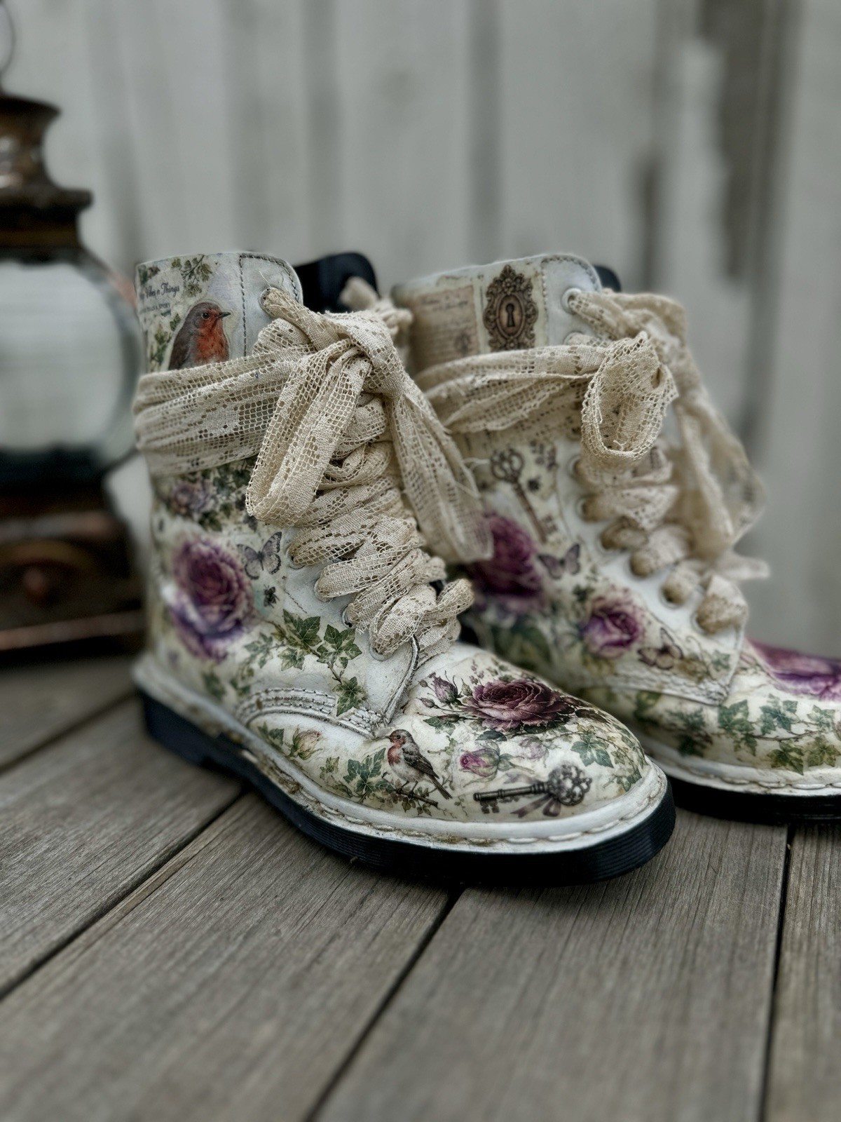 Women’s Floral Lace-Up Ankle Combat Boots Leather Round Toe Beige/Purple 6