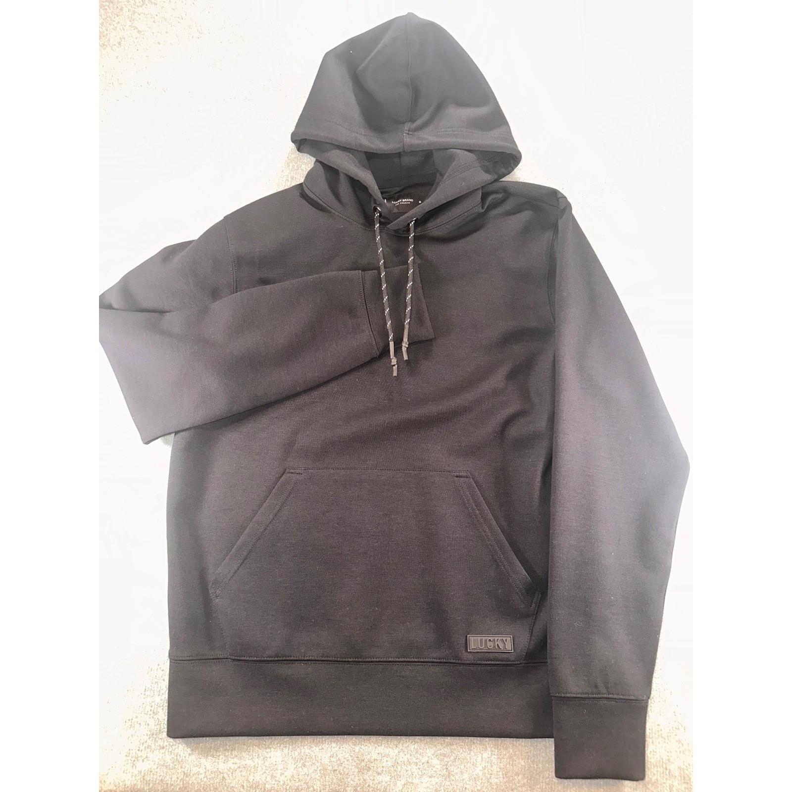 Lucky Brand Mens Black Pullover Hoodie Sweatshirt Size M Logo Patch Drawstring