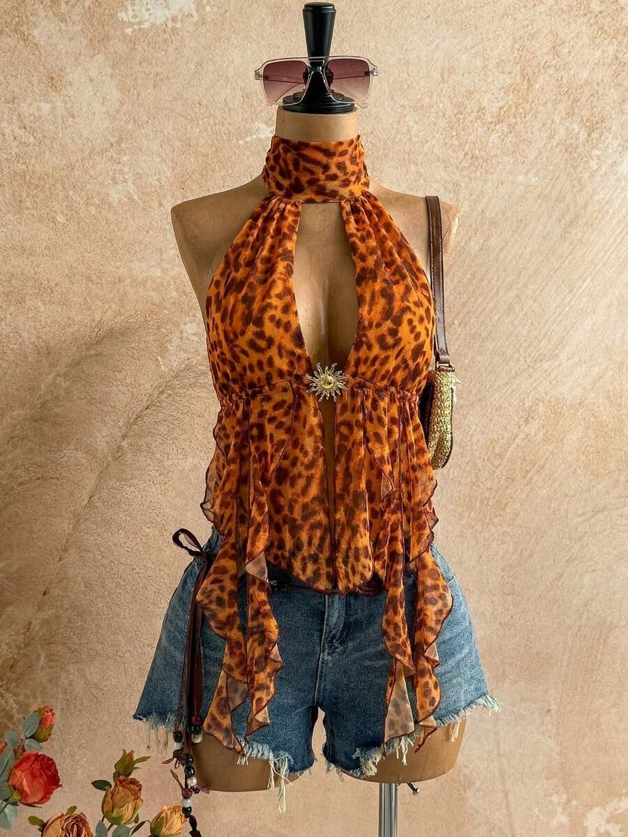 Leopard Print Halter Neck Top Backless Asymmetrical Boho Vacation Beach Blouse