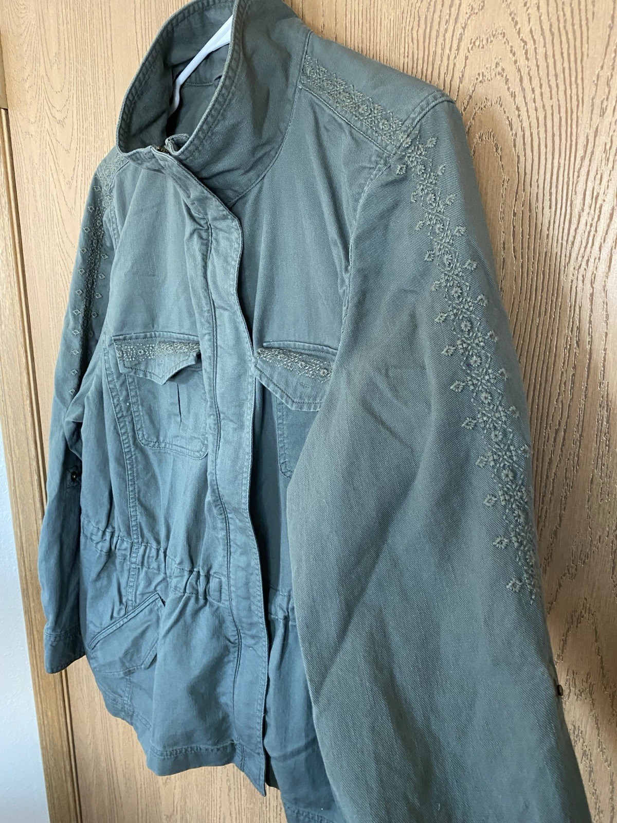 TALBOTS Embroidered Trim Cotton Safari Roll Tab Cinch Jacket Sz 2Xp