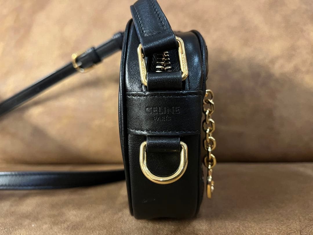 CELINE C Charm Quilted Leather Shoulder Bag Black Authentic Small Crossbody