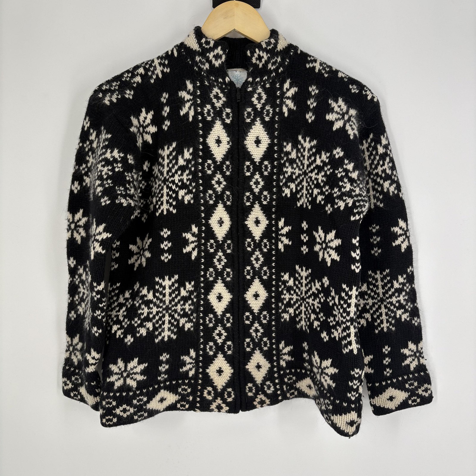 Fair Isle Sweater Womens Petite M Black White Full Zip Mock Neck Ski Holiday